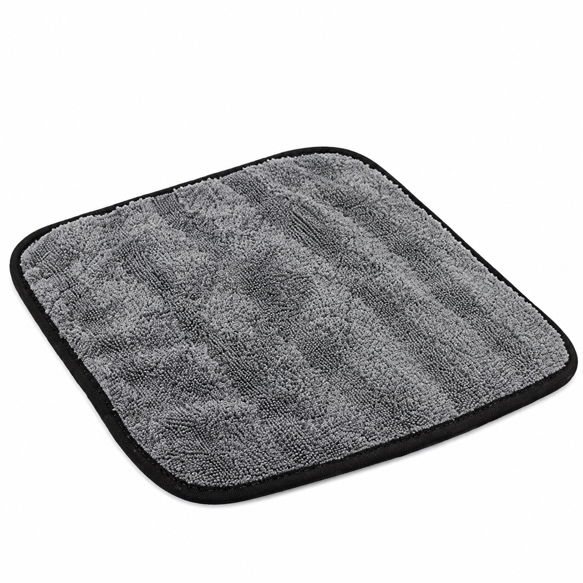 Gray microfiber towel with black edging on a white background