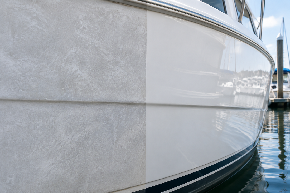 Illustrative comparison of chalky oxidized gelcoat and a polished glossy boat hull