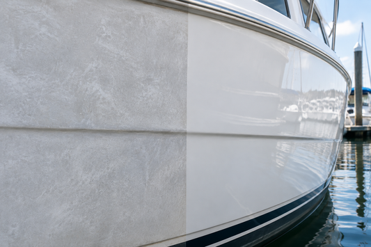 Illustrative comparison of chalky oxidized gelcoat and a polished glossy boat hull