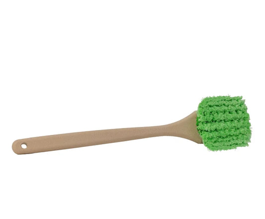 Long handle fender brush with green bristles and a hanging hole